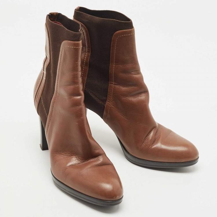 Pre Owned Sergio Rossi Brown Leather and Knit Fabric Ankle Boots Size 39