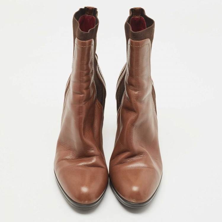 Pre Owned Sergio Rossi Brown Leather and Knit Fabric Ankle Boots Size 39