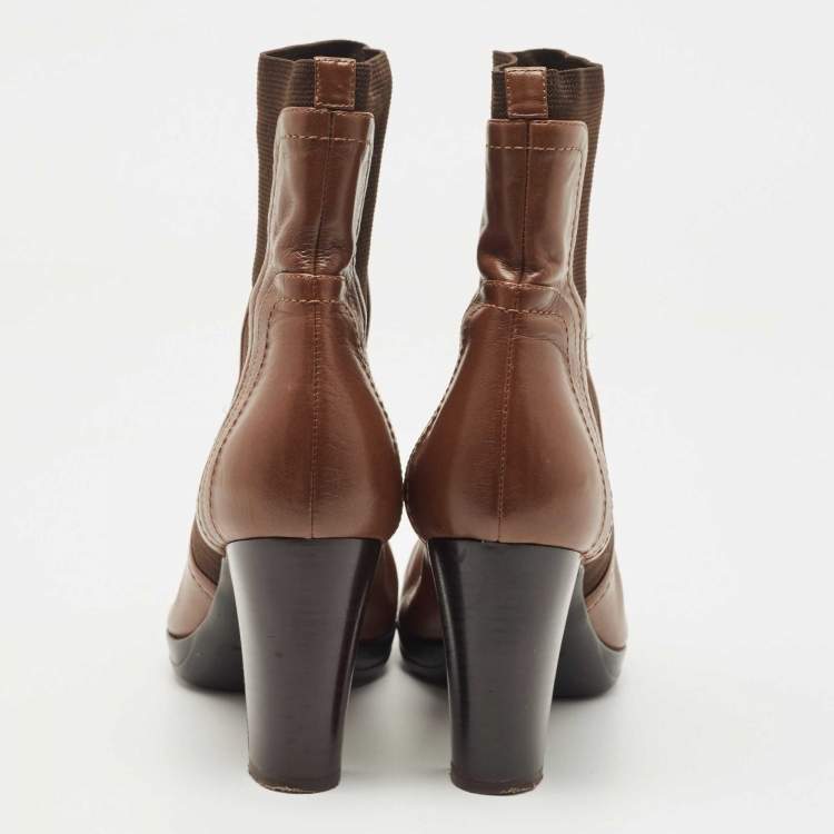 Pre Owned Sergio Rossi Brown Leather and Knit Fabric Ankle Boots Size 39
