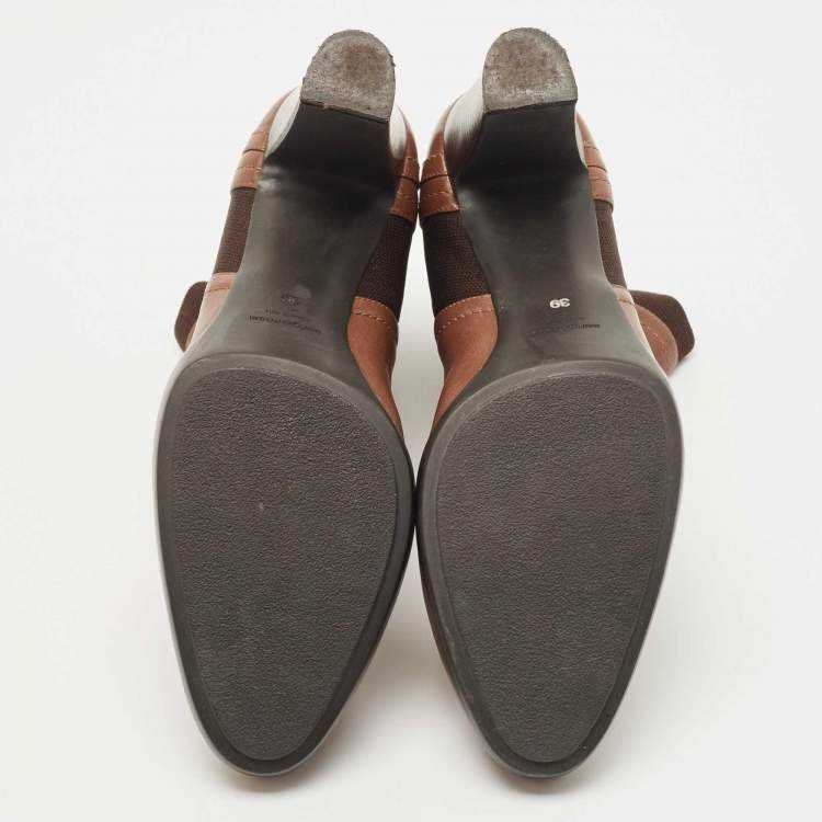 Pre Owned Sergio Rossi Brown Leather and Knit Fabric Ankle Boots Size 39