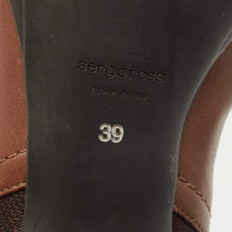 Pre Owned Sergio Rossi Brown Leather and Knit Fabric Ankle Boots Size 39
