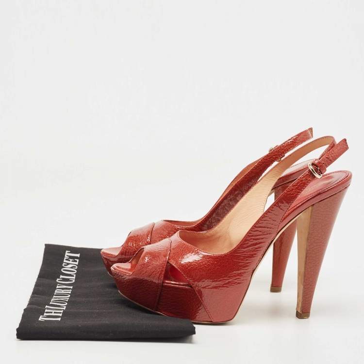 Pre Owned Sergio Rossi Orange Patent Leather Peep Toe Platform Slingback Sandals Size 38
