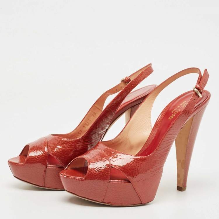 Pre Owned Sergio Rossi Orange Patent Leather Peep Toe Platform Slingback Sandals Size 38