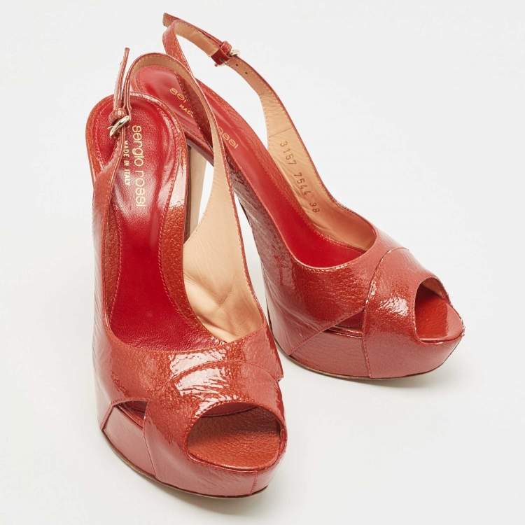 Pre Owned Sergio Rossi Orange Patent Leather Peep Toe Platform Slingback Sandals Size 38