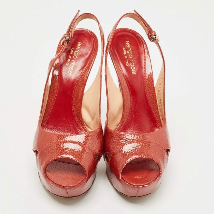 Pre Owned Sergio Rossi Orange Patent Leather Peep Toe Platform Slingback Sandals Size 38
