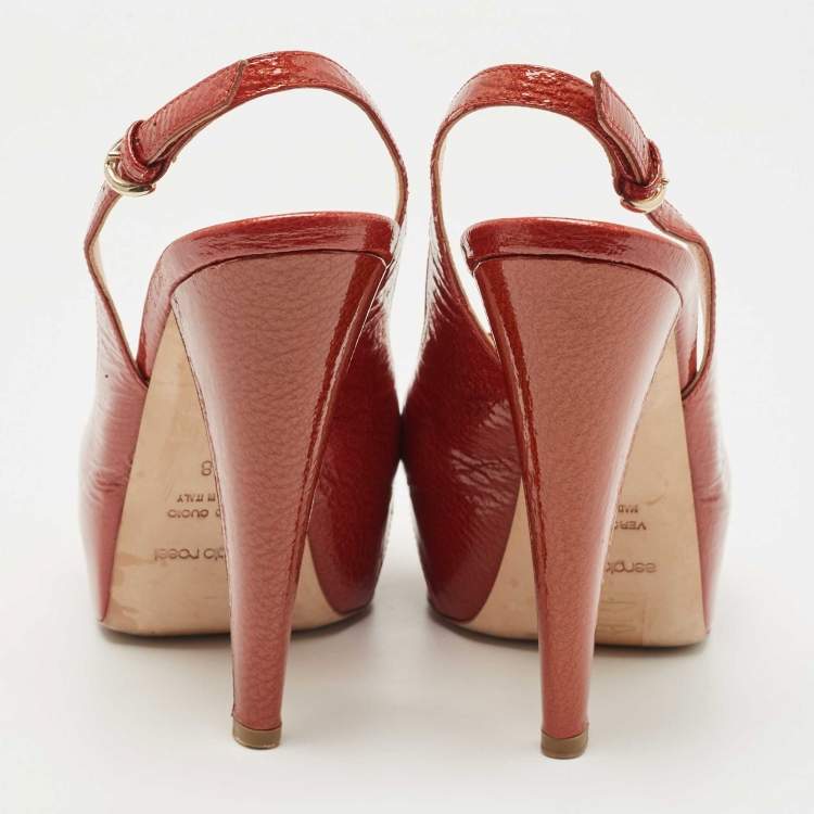 Pre Owned Sergio Rossi Orange Patent Leather Peep Toe Platform Slingback Sandals Size 38