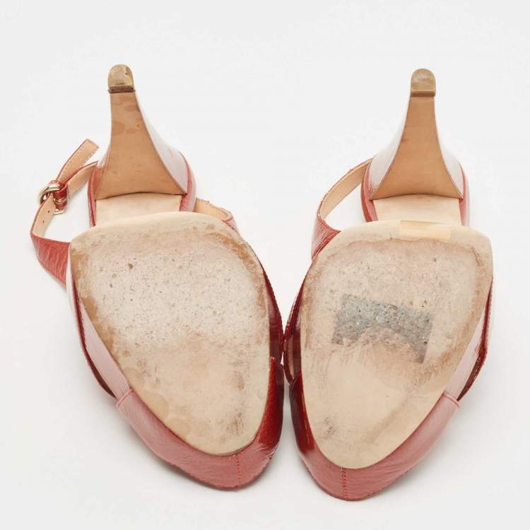 Pre Owned Sergio Rossi Orange Patent Leather Peep Toe Platform Slingback Sandals Size 38