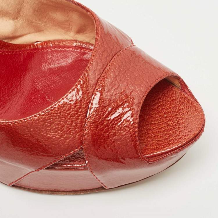 Pre Owned Sergio Rossi Orange Patent Leather Peep Toe Platform Slingback Sandals Size 38