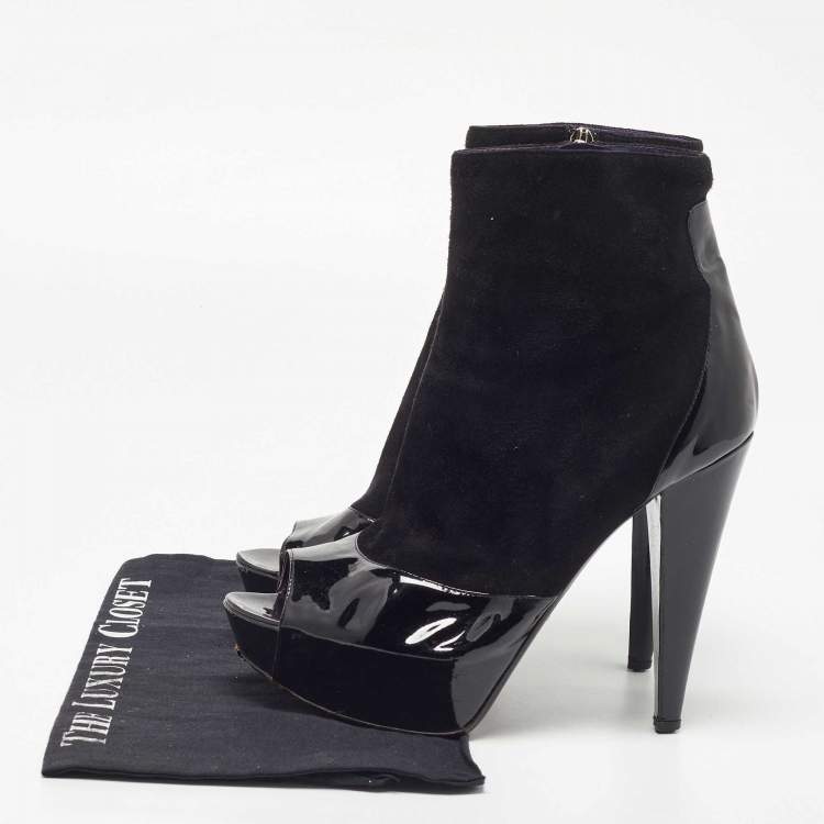 Pre Owned Sergio Rossi Black Patent And Suede Leather Baltimora Peep Toe Platform Ankle Boots Size 39.5