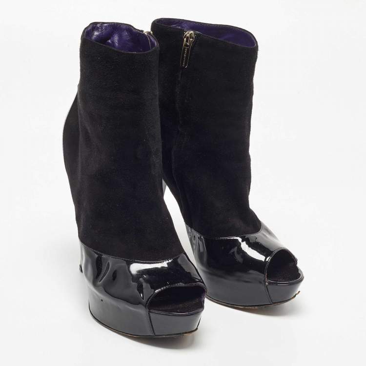 Pre Owned Sergio Rossi Black Patent And Suede Leather Baltimora Peep Toe Platform Ankle Boots Size 39.5