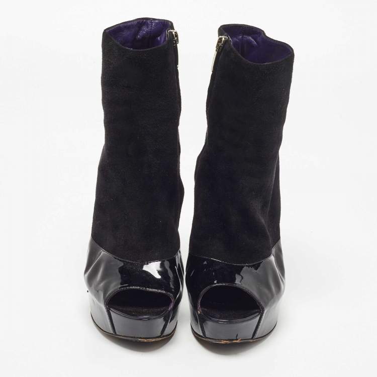 Pre Owned Sergio Rossi Black Patent And Suede Leather Baltimora Peep Toe Platform Ankle Boots Size 39.5