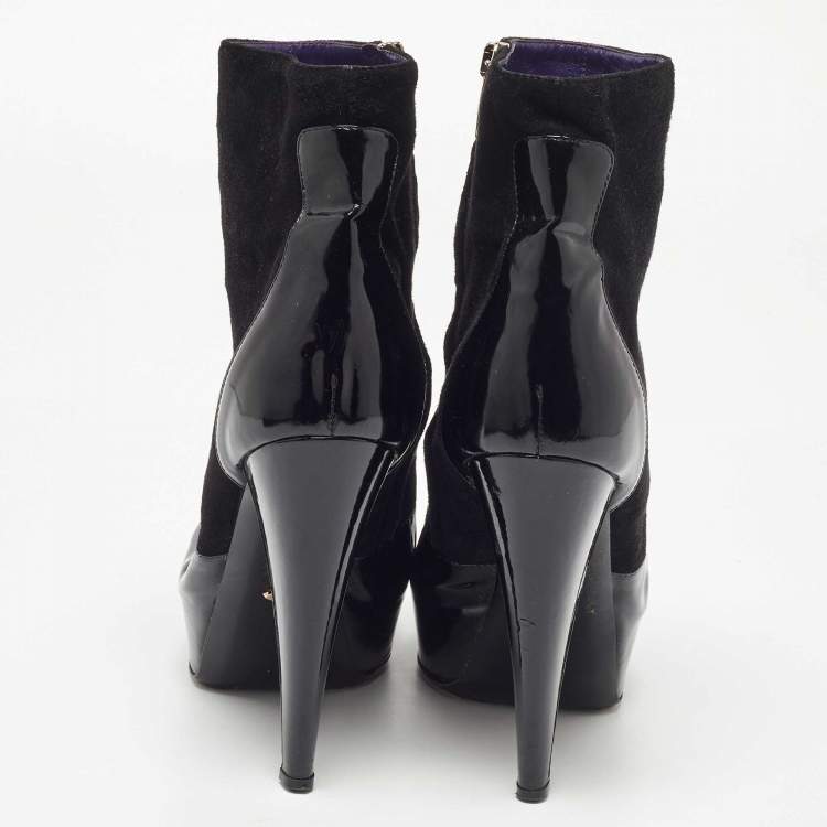 Pre Owned Sergio Rossi Black Patent And Suede Leather Baltimora Peep Toe Platform Ankle Boots Size 39.5