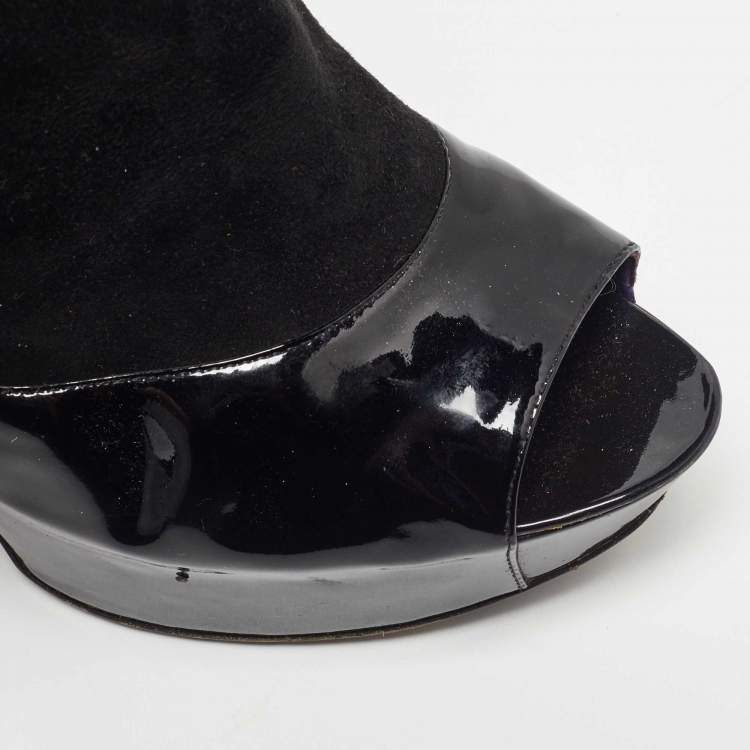 Pre Owned Sergio Rossi Black Patent And Suede Leather Baltimora Peep Toe Platform Ankle Boots Size 39.5