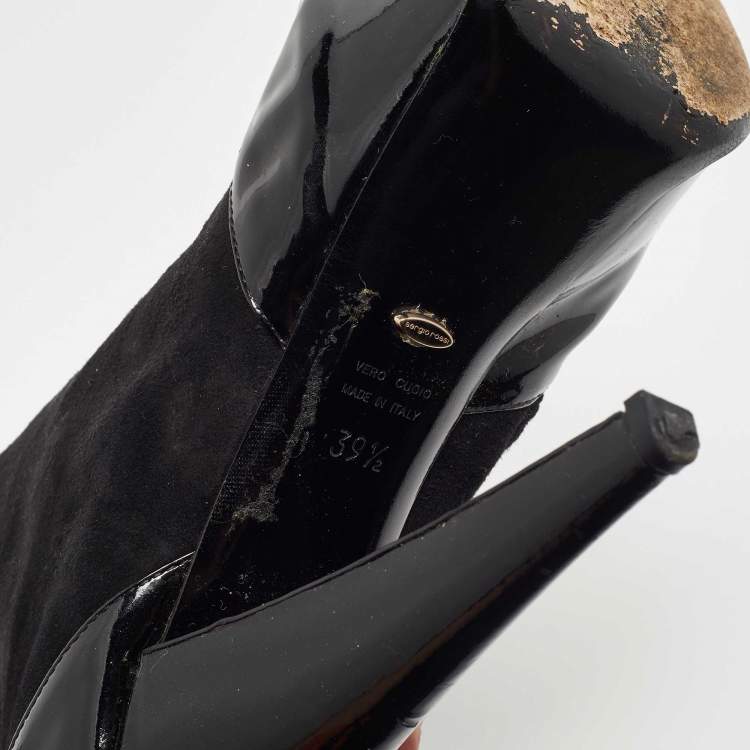 Pre Owned Sergio Rossi Black Patent And Suede Leather Baltimora Peep Toe Platform Ankle Boots Size 39.5