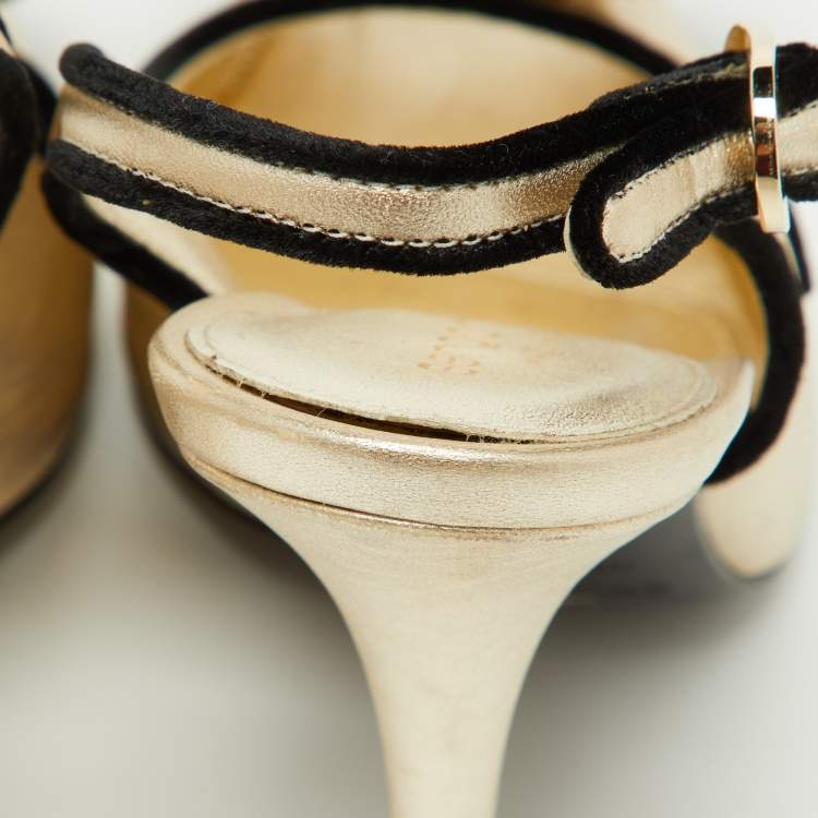 Pre Owned Sergio Rossi Gold Leather Bow Slingback Sandals Size 36