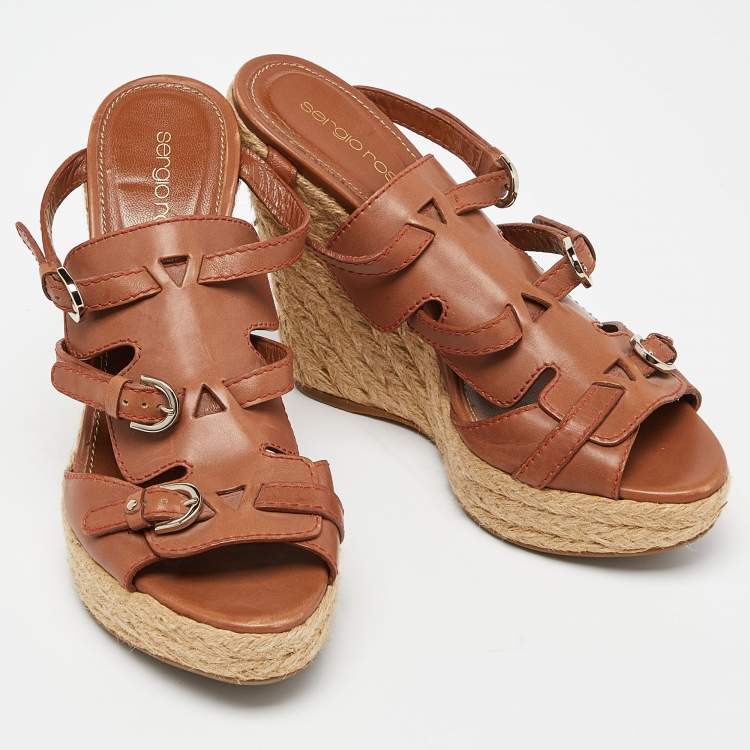 Pre Owned Sergio Rossi Brown Leather Espadrille Wedge Sandals Size 37