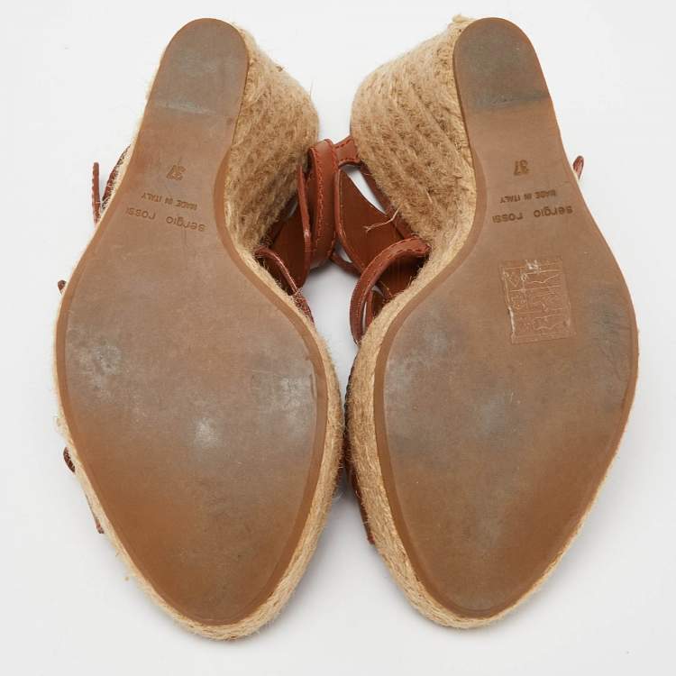 Pre Owned Sergio Rossi Brown Leather Espadrille Wedge Sandals Size 37