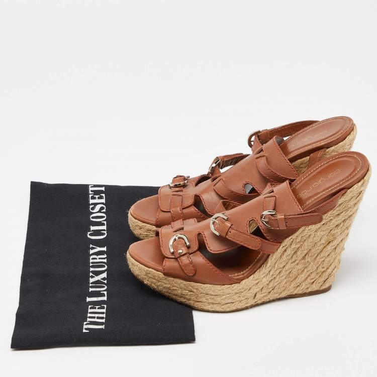 Pre Owned Sergio Rossi Brown Leather Espadrille Wedge Sandals Size 37