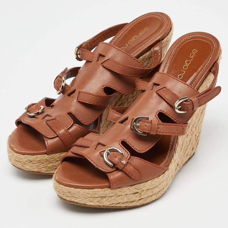 Pre Owned Sergio Rossi Brown Leather Espadrille Wedge Sandals Size 37