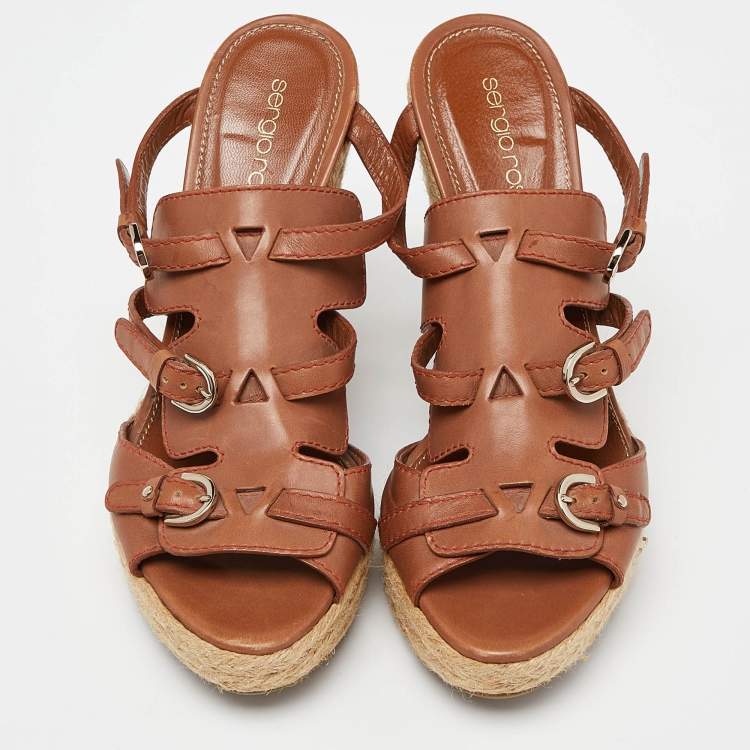 Pre Owned Sergio Rossi Brown Leather Espadrille Wedge Sandals Size 37