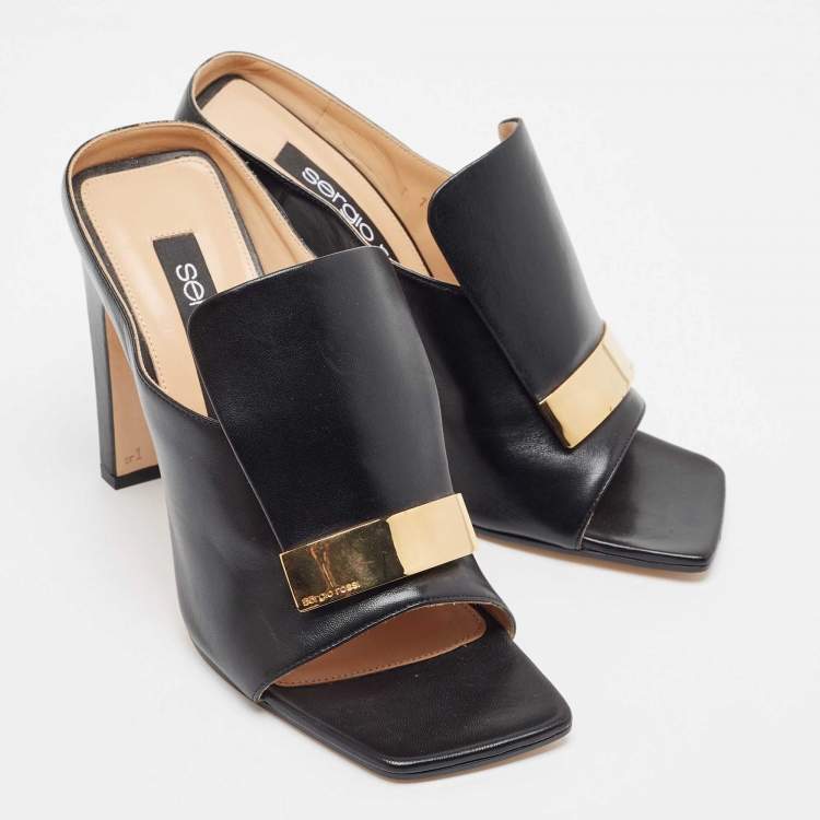 مملوكة مسبقًا Sergio Rossi Black Leather Square Toe Slide Sandals Size 39