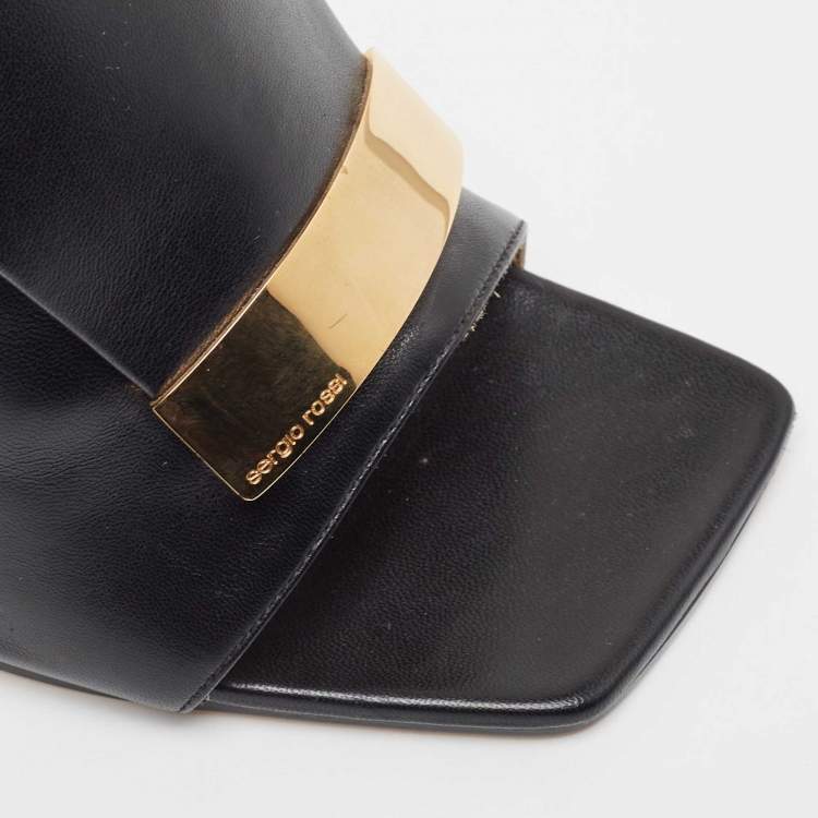 مملوكة مسبقًا Sergio Rossi Black Leather Square Toe Slide Sandals Size 39