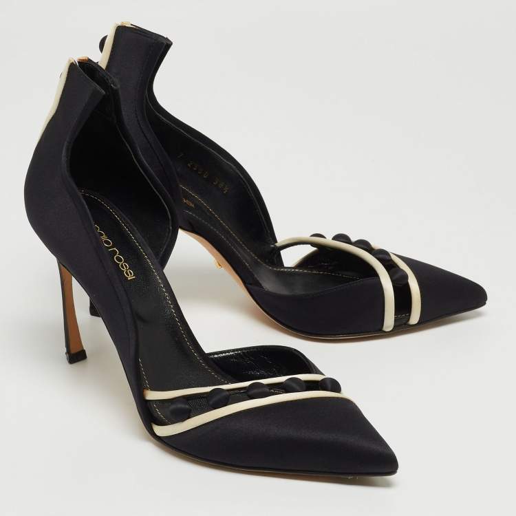 مملوكة مسبقًا Sergio Rossi Black Satin D'orsay Pointed Toe Pumps Size 38.5