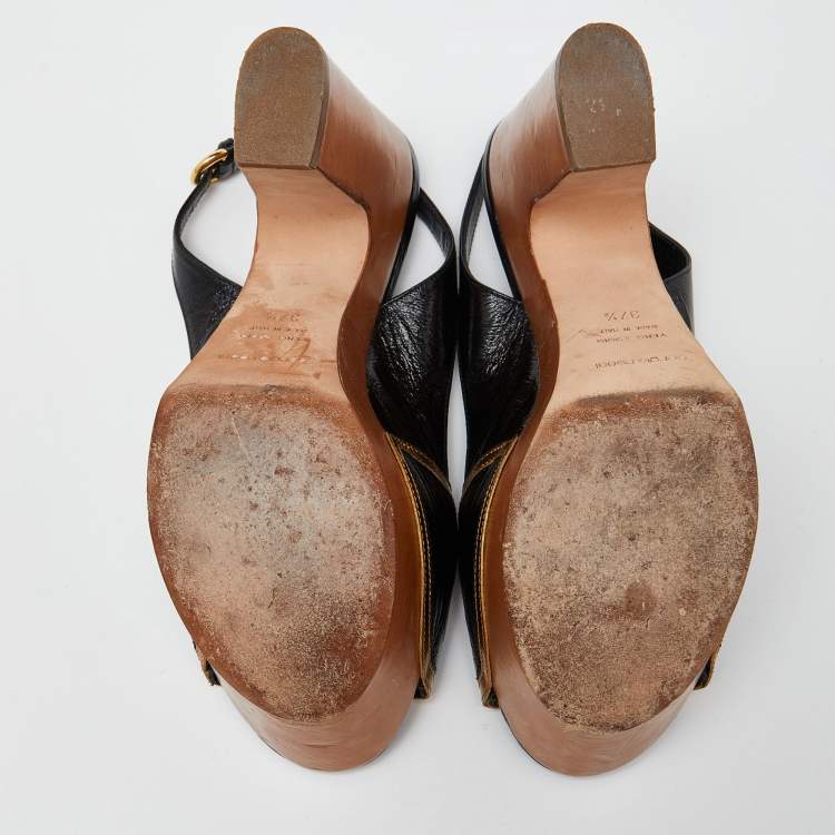 Pre Owned Sergio Rossi Black/Metallic Brown Leather Wooden Platform Open Toe Slingback Pumps Size 37.5