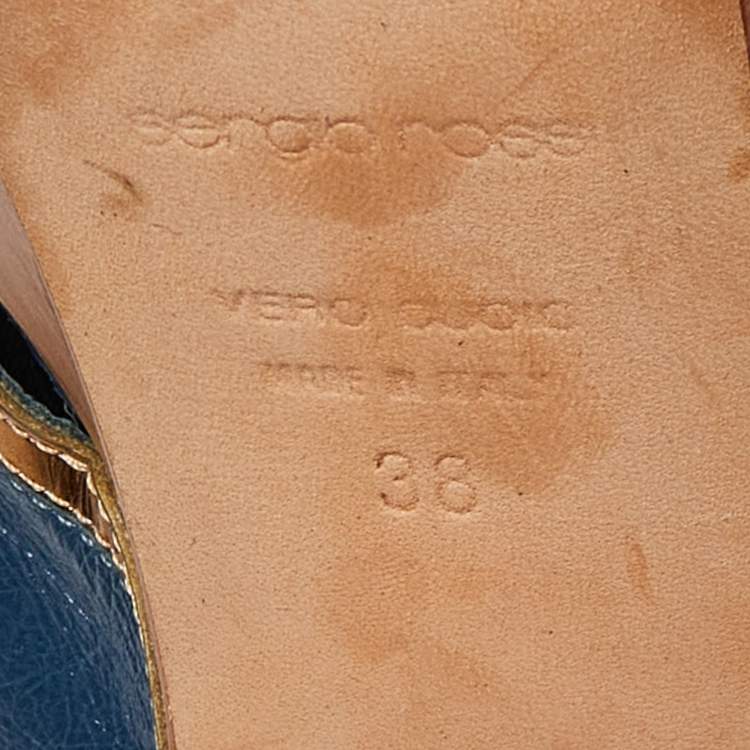 Pre Owned Sergio Rossi Blue Leather Wooden Platform Slide Sandals Size 38