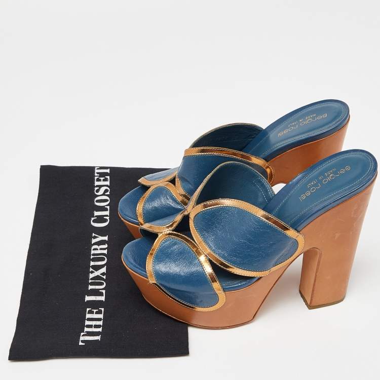 Pre Owned Sergio Rossi Blue Leather Wooden Platform Slide Sandals Size 38