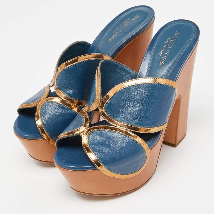 Pre Owned Sergio Rossi Blue Leather Wooden Platform Slide Sandals Size 38