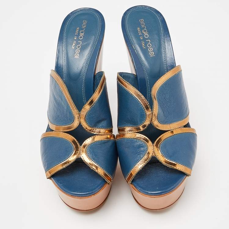 Pre Owned Sergio Rossi Blue Leather Wooden Platform Slide Sandals Size 38