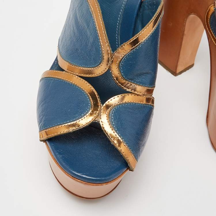 Pre Owned Sergio Rossi Blue Leather Wooden Platform Slide Sandals Size 38