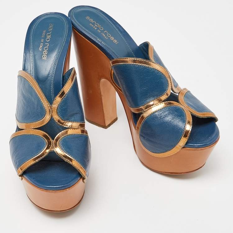 Pre Owned Sergio Rossi Blue Leather Wooden Platform Slide Sandals Size 38