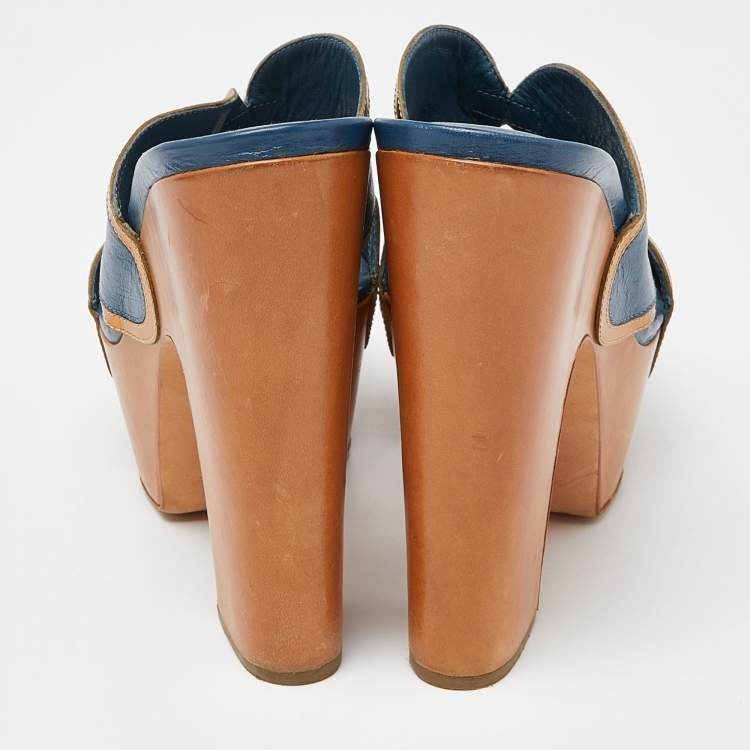 Pre Owned Sergio Rossi Blue Leather Wooden Platform Slide Sandals Size 38