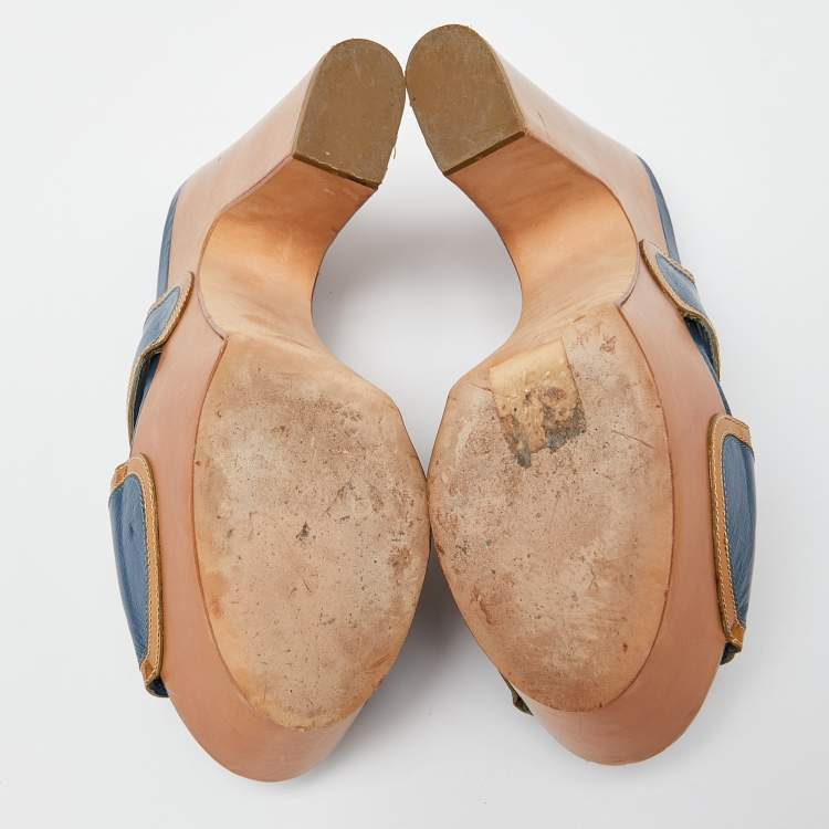 Pre Owned Sergio Rossi Blue Leather Wooden Platform Slide Sandals Size 38