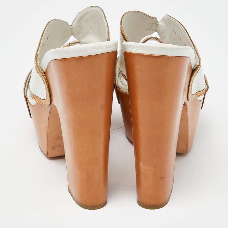 Pre Owned Sergio Rossi White Leather Wooden Platform Slide Sandals Size 38
