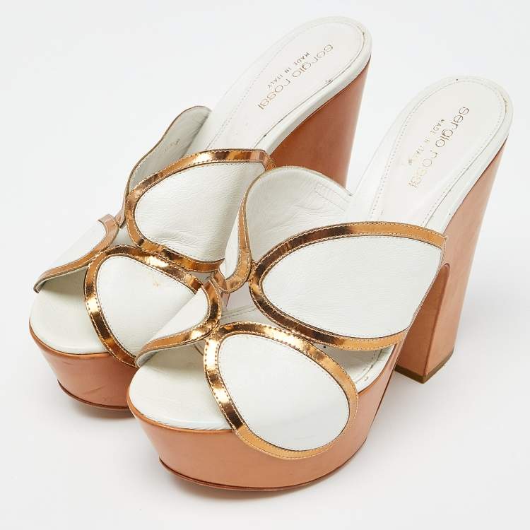 Pre Owned Sergio Rossi White Leather Wooden Platform Slide Sandals Size 38