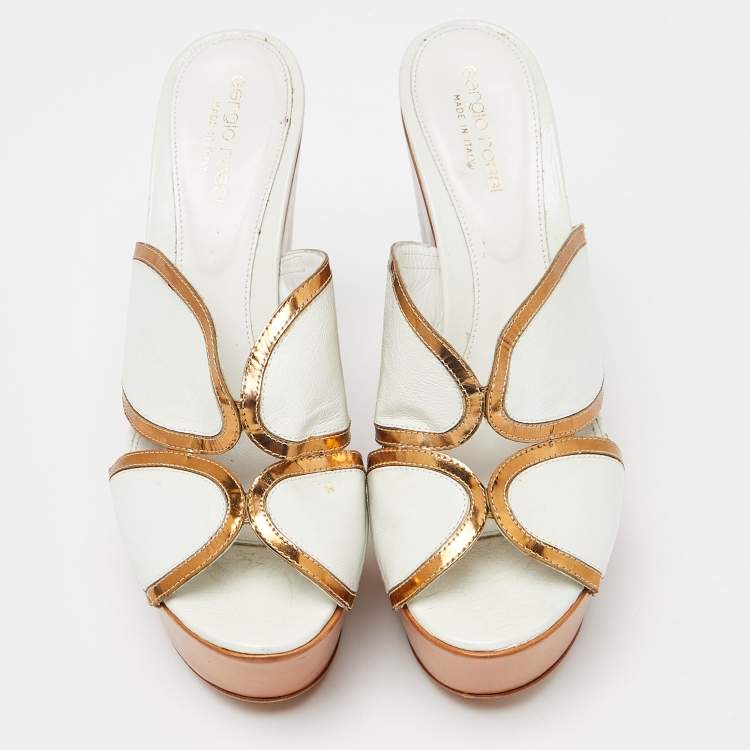 Pre Owned Sergio Rossi White Leather Wooden Platform Slide Sandals Size 38