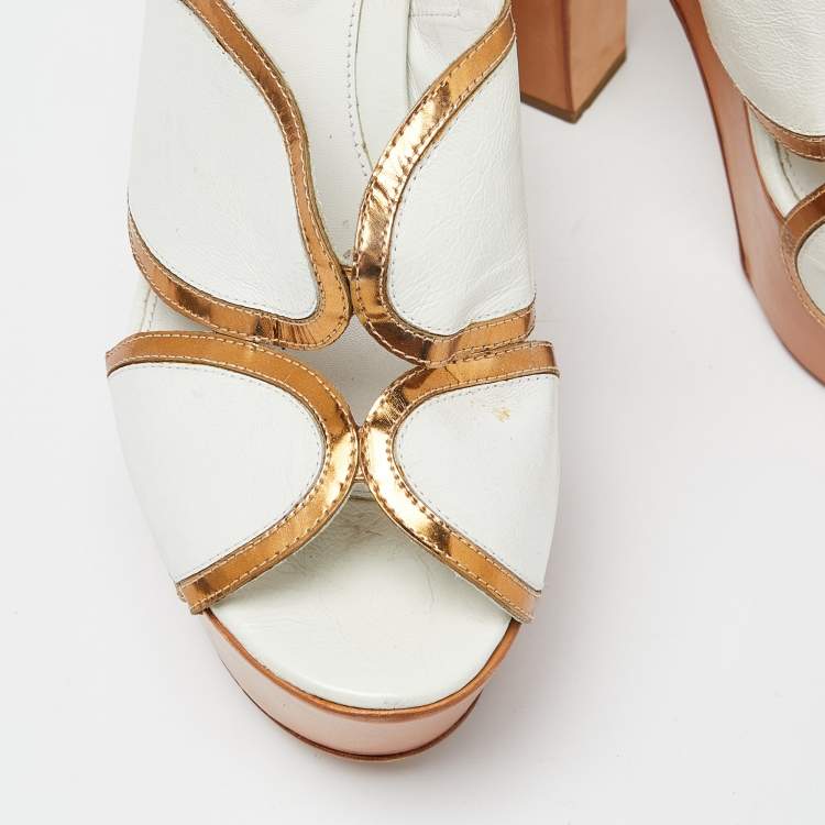 Pre Owned Sergio Rossi White Leather Wooden Platform Slide Sandals Size 38