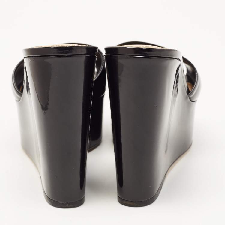 Pre Owned Sergio Rossi Black Patent Leather Wedge Platform Slide Sandals Size 37
