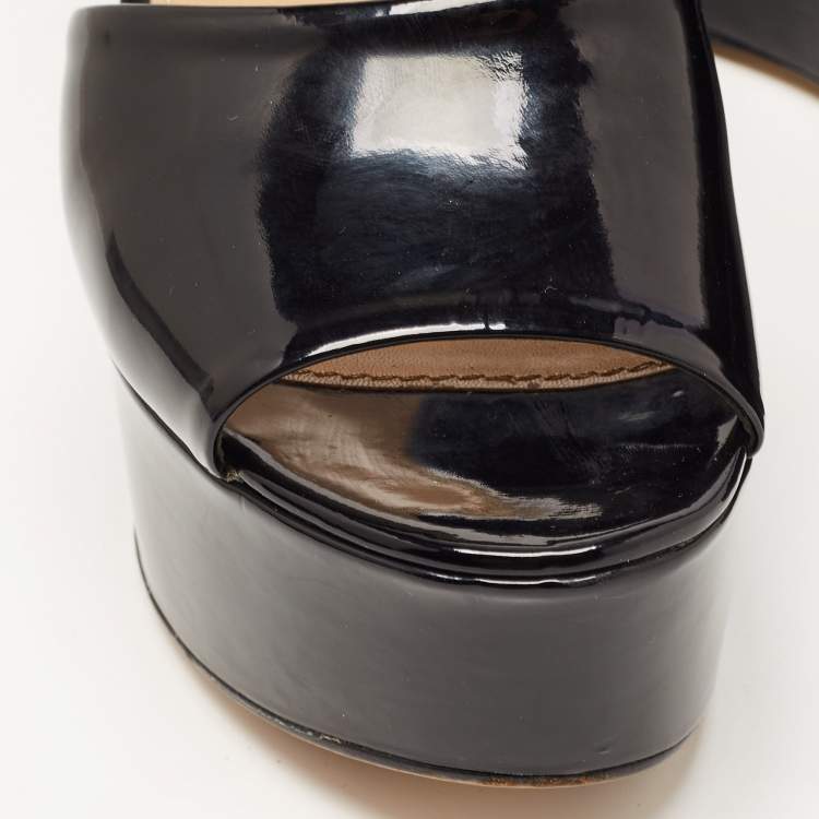 Pre Owned Sergio Rossi Black Patent Leather Wedge Platform Slide Sandals Size 37
