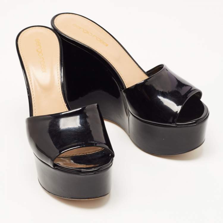 Pre Owned Sergio Rossi Black Patent Leather Wedge Platform Slide Sandals Size 37