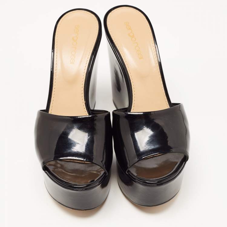 Pre Owned Sergio Rossi Black Patent Leather Wedge Platform Slide Sandals Size 37