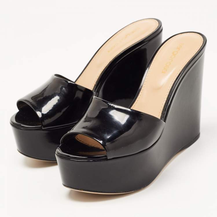 Pre Owned Sergio Rossi Black Patent Leather Wedge Platform Slide Sandals Size 37