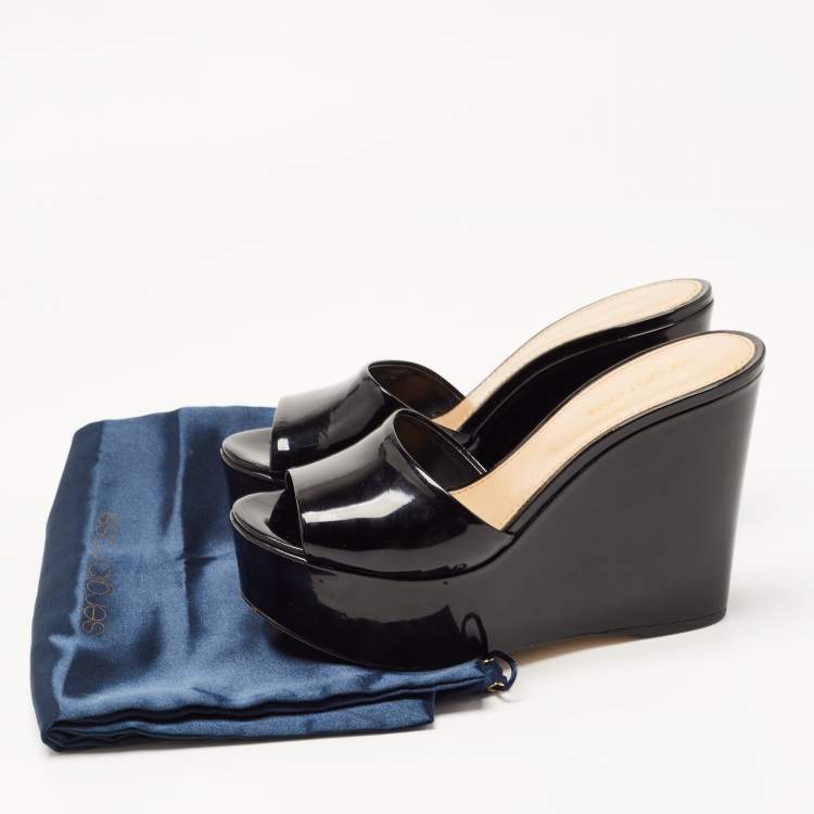 Pre Owned Sergio Rossi Black Patent Leather Wedge Platform Slide Sandals Size 37