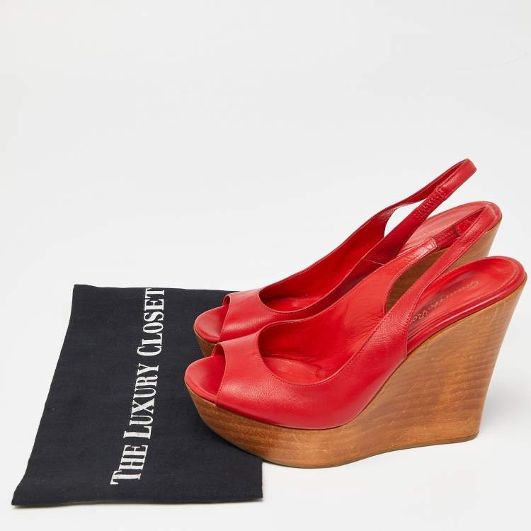 Pre Owned Sergio Rossi Red Leather Platform Wedge Slingback Sandals Size 37.5