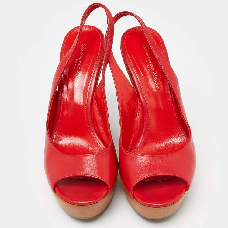 Pre Owned Sergio Rossi Red Leather Platform Wedge Slingback Sandals Size 37.5