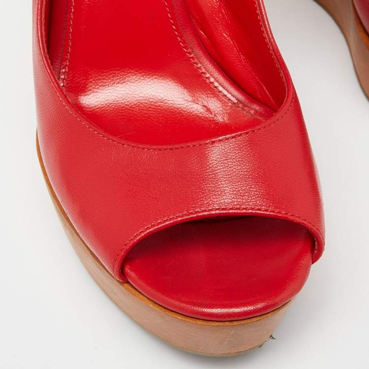 Pre Owned Sergio Rossi Red Leather Platform Wedge Slingback Sandals Size 37.5