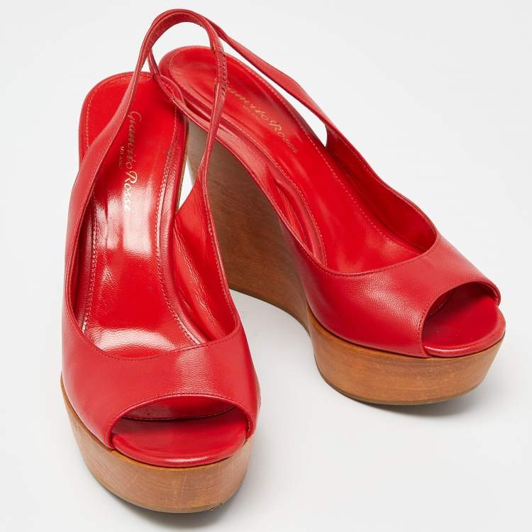 Pre Owned Sergio Rossi Red Leather Platform Wedge Slingback Sandals Size 37.5